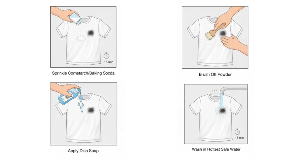 Step-by-step illustration showing how to remove grease and oil stains from clothes using cornstarch, brushing off powder, applying dish soap, and washing in hot water.