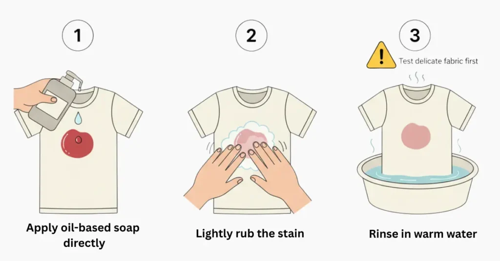 Step by step vector illustration showing how to remove nail polish stains from clothes. The process includes applying oil-based soap directly on the red nail polish stain, rubbing gently on the same spot, and washing the fabric in warm water.