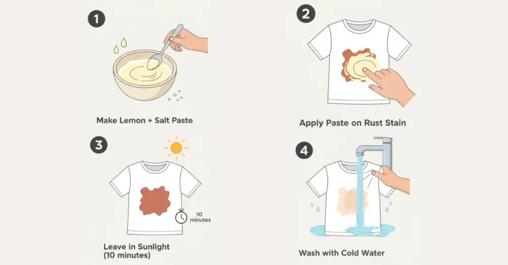 Step-by-step vector illustration showing how to remove rust stains from clothes using lemon and salt paste, applying on stain, leaving in sunlight, and rinsing with cold water.
