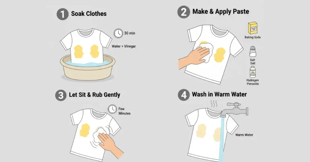 Illustrated step-by-step guide showing how to remove yellow sweat stains from a T-shirt using vinegar soak, baking soda paste with salt and hydrogen peroxide, gentle rubbing, and washing in warm water