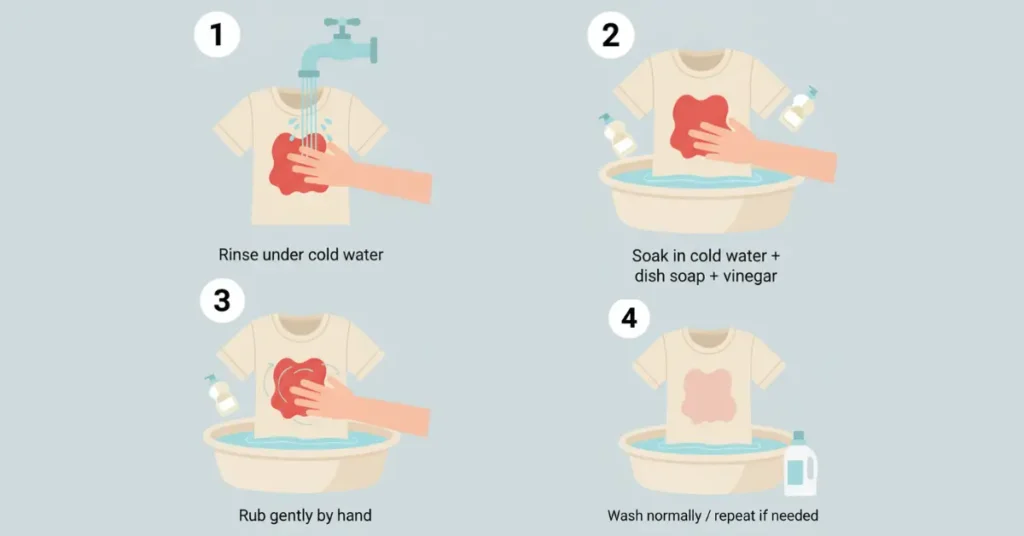 Step-by-step vector illustration showing how to remove a tomato sauce or ketchup stain from a flat T-shirt: 1) rinse under cold water, 2) soak in cold water with dish soap and vinegar, 3) gently rub by hand, 4) wash normally showing stain partially or fully removed.